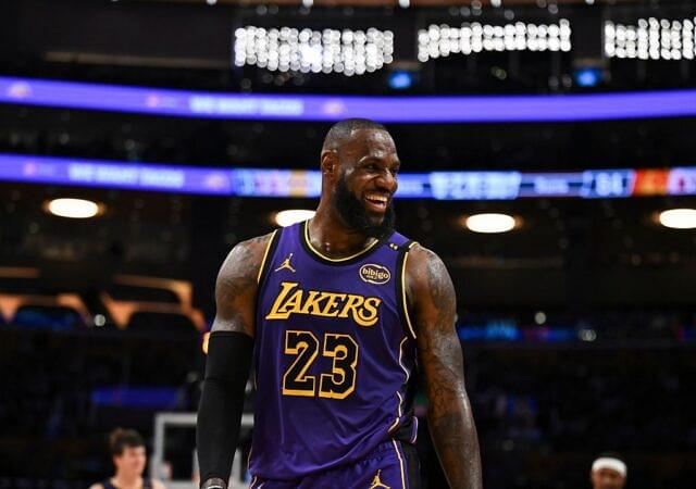 Los Angeles Lakers forward LeBron James (23) reacts against the Phoenix Suns during the second half at Crypto.com Arena.