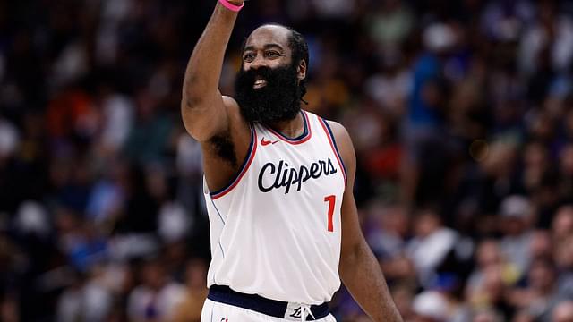 Los Angeles Clippers guard James Harden (1) gestures in the second quarter against the Denver Nuggets at Ball Arena.