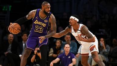 Oct 25, 2024; Los Angeles, California, USA; Los Angeles Lakers forward LeBron James (23) looks to pass against Phoenix Suns guard Bradley Beal (3) during the second half at Crypto.com Arena. Mandatory Credit: Jonathan Hui-Imagn Images