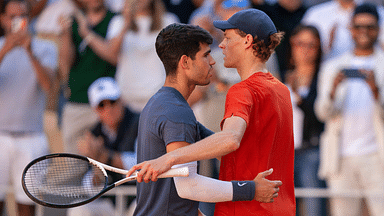 Carlos Alcaraz of Spain and Jannik Sinner of Italy of Italy after their match on day 13 of Roland Garros at Stade Roland Garros.