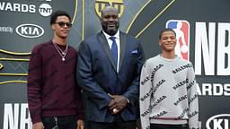 NBA former player Shaquille O'Neal with sons Sharif O'Neal and Shaqir O'Neal arrive on the red carpet for the 2019 NBA Awards show at Barker Hanger.