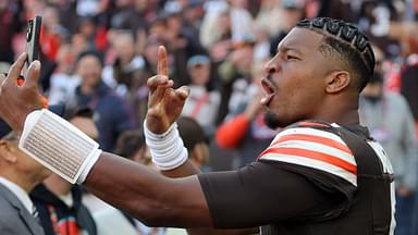 Cleveland Browns quarterback Jameis Winston (5) celebrates his first win as a starter after an NFL football game against the Baltimore Ravens at Huntington Bank Field,