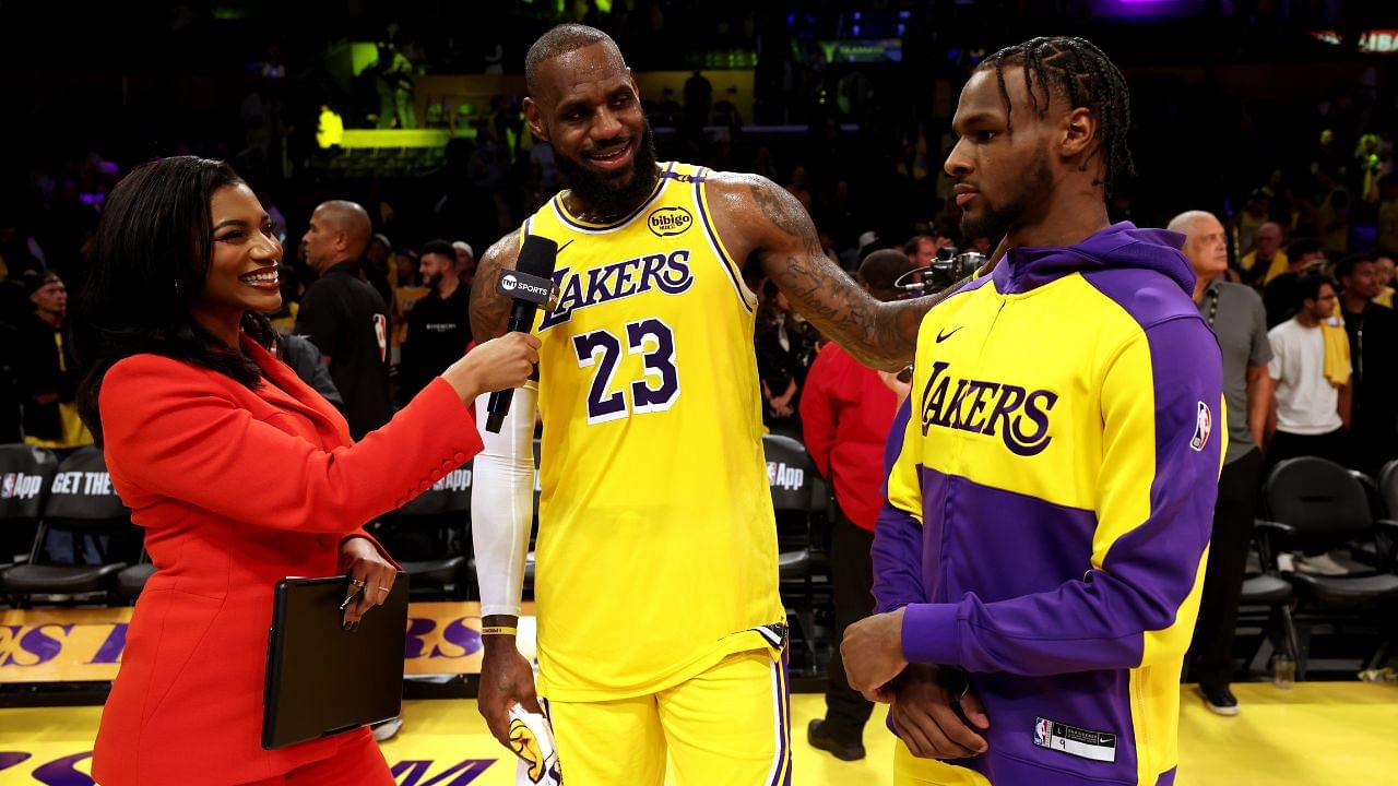 NBA on TNT sideline reporter Taylor Rooks interviews Los Angeles Lakers forward LeBron James (23) and guard Bronny James (9) after they defeated the Minnesota Timberwolves at Crypto.com Arena.