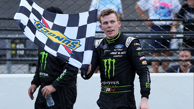 NASCAR Xfinity Series driver Riley Herbst (98) celebrates winning the Pennzoil 250, Saturday, July 20, 2024, at Indianapolis Motor Speedway.