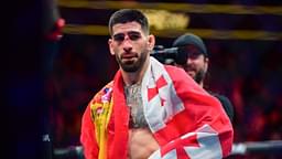 Ilia Topuria celebrates his championship victory against Alexander Volkanovski during UFC 298 at Honda Center.