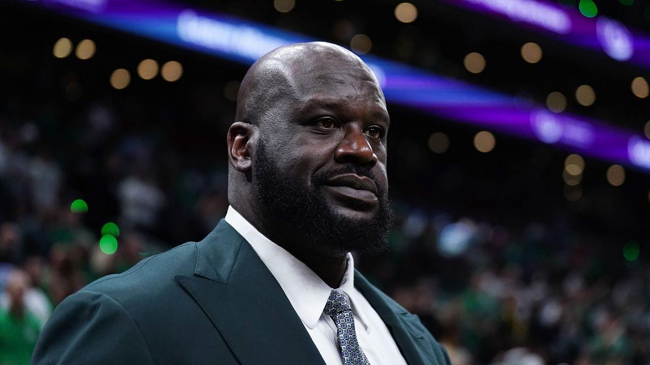 Shaquille O'Neal looks on before the game between the Boston Celtics and the Dallas Mavericks in game one of the 2024 NBA Finals at TD Garden.