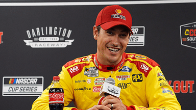 NASCAR Cup Series driver Joey Logano speaks with the media prior to practice for the Cook Out Southern 500 at Darlington Raceway.