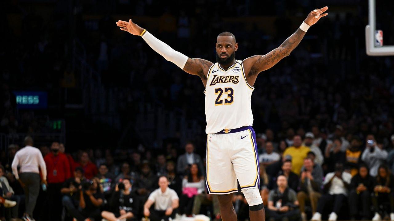 Los Angeles Lakers forward LeBron James (23) reacts against the Sacramento Kings during the second half at Crypto.com Arena.