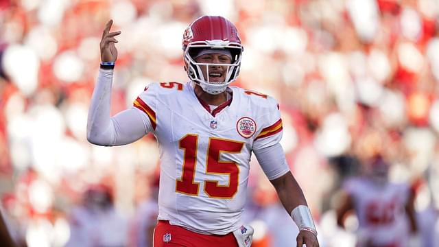 Kansas City Chiefs quarterback Patrick Mahomes (15) reacts after the Chiefs scored a touchdown against the San Francisco 49ers in the fourth quarter at Levi's Stadium.