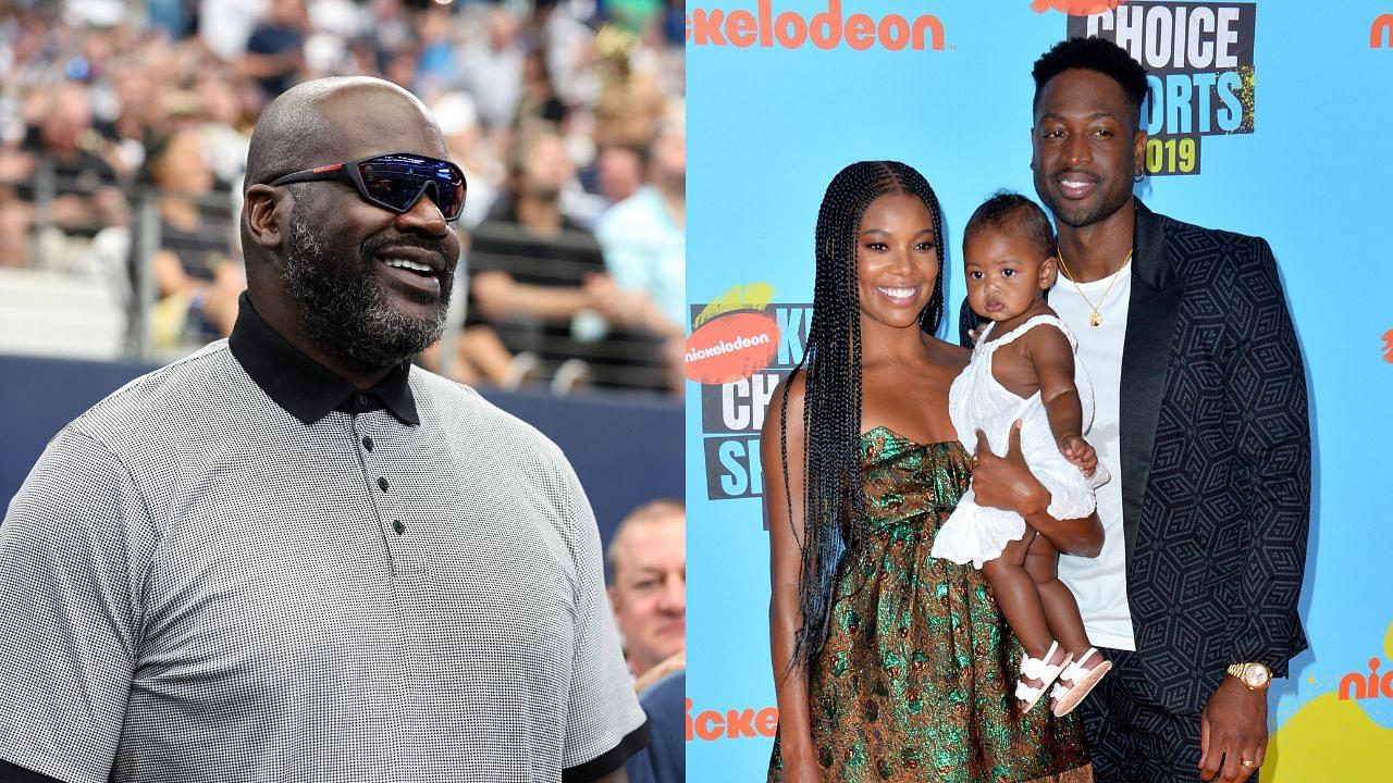 Shaquille O'Neal, Gabrielle Union, Kaavia James Union Wade, and Dwyane Wade. Credits: USA Today Sports and Imago Images