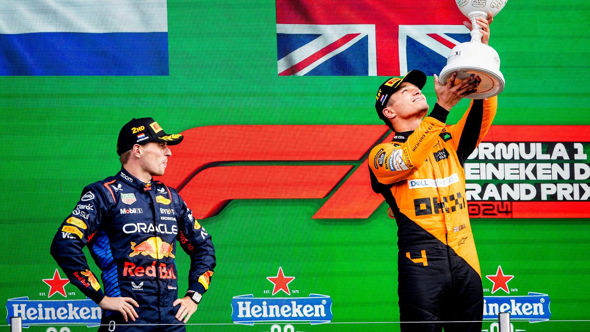 Max Verstappen (Red Bull Racing) and Lando Norris (McLaren) on the podium after the F1 Grand Prix of the Netherlands at the Circuit of Zandvoort