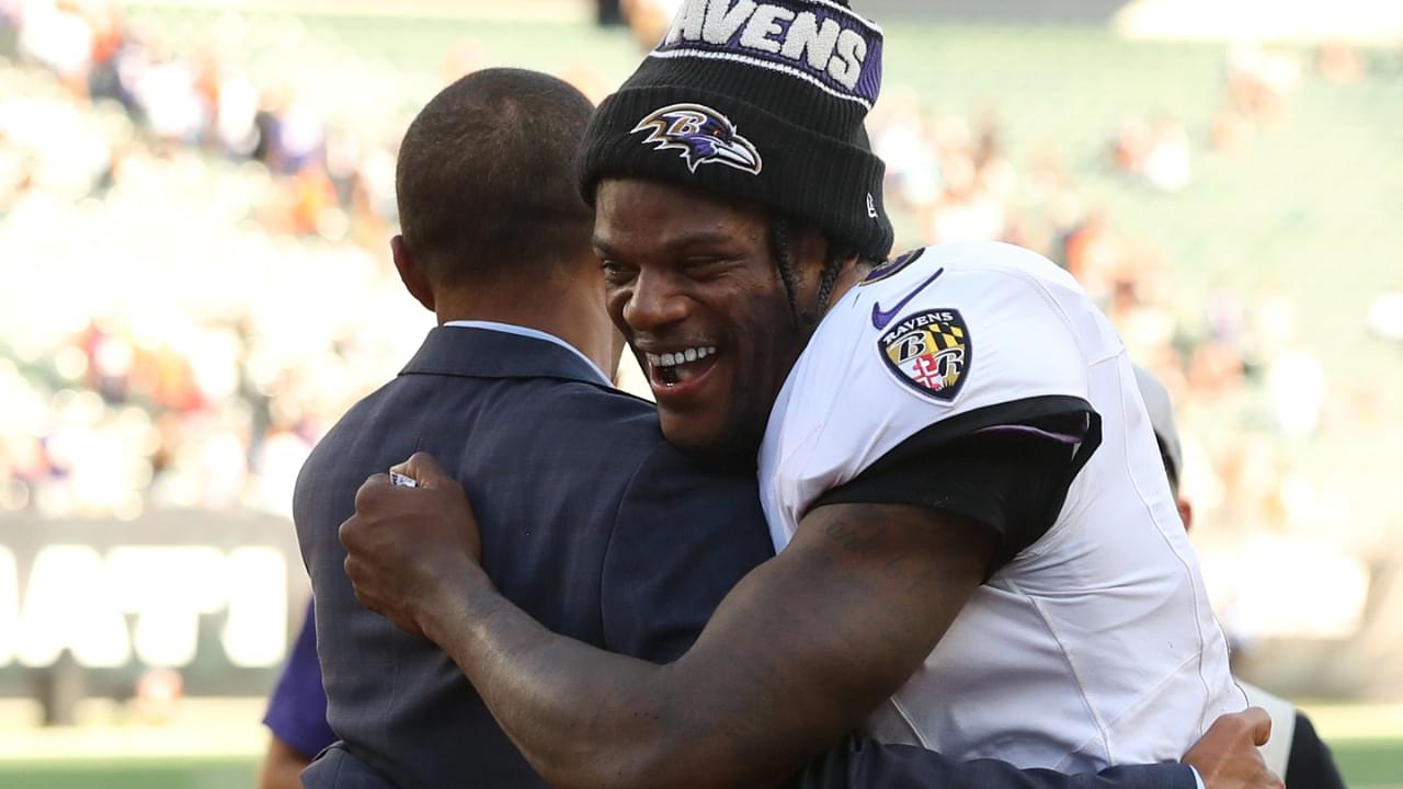 Oct 6, 2024; Cincinnati, Ohio, USA; Baltimore Ravens quarterback Lamar Jackson (8) celebrates after the game against the Cincinnati Bengals at Paycor Stadium.