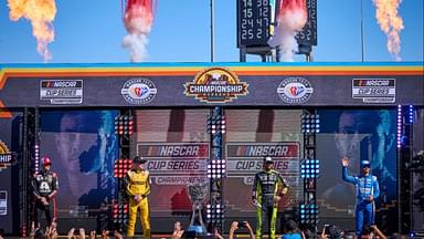 (L-R) The NASCAR Cup Series Championship Four, William Byron (24), Christopher Bell (20), Ryan Blaney (12) and Kyle Larson (5) stand on stage during driver introductions for the Cup Series Championship race at Phoenix Raceway in Avondale on Nov. 5, 2023.