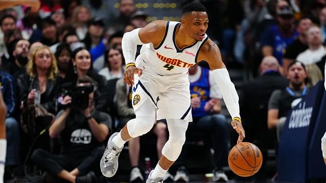 Denver Nuggets guard Russell Westbrook (4) dribbles up court in the second half against the Oklahoma City Thunder at Ball Arena.