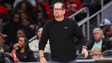 Philadelphia 76ers head coach Nick Nurse on the sideline against the Atlanta Hawks in the second quarter at State Farm Arena.