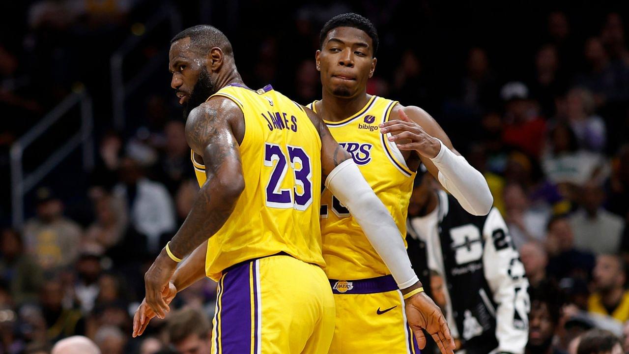 Apr 3, 2024; Washington, District of Columbia, USA; Los Angeles Lakers forward LeBron James (23) talks with Lakers forward Rui Hachimura (28) against the Washington Wizards at Capital One Arena. Mandatory Credit: Geoff Burke-Imagn Images