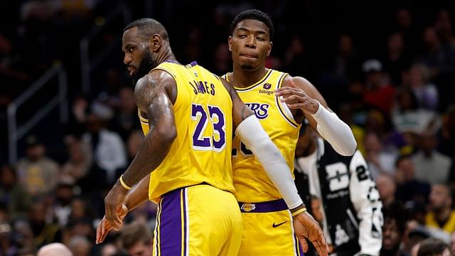 Apr 3, 2024; Washington, District of Columbia, USA; Los Angeles Lakers forward LeBron James (23) talks with Lakers forward Rui Hachimura (28) against the Washington Wizards at Capital One Arena. Mandatory Credit: Geoff Burke-Imagn Images