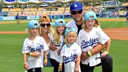 Los Angeles Rams quarterback Matthew Stafford (9) with his wife Kelly with their 4 daughters on the field prior to the game between the Los Angeles Dodgers and the Atlanta Braves at Dodger Stadium. Stafford was at the game on Rams day.