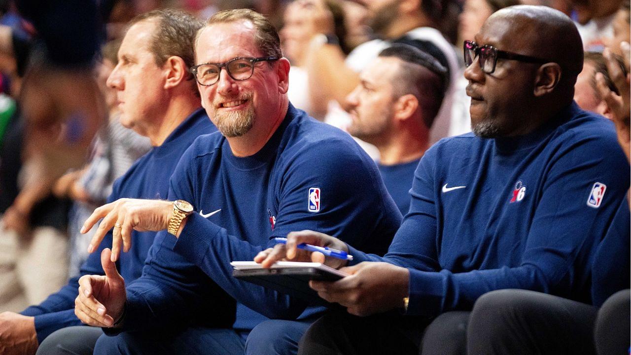 Philadelphia head coach Nick Nurse smiles from the bench on Friday, Oct. 11, 2024, at Wells Fargo Arena in Des Moines.