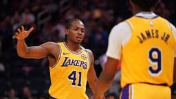 Los Angeles Lakers guard Quincy Olivari (41) gives a high five to guard Bronny James (9) after a play against the Golden State Warriors in the third quarter at the Chase Center.