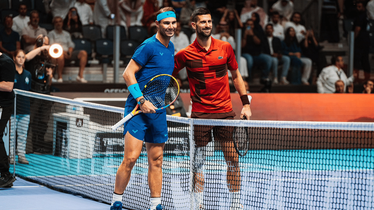 Rafael Nadal and Novak Djokovic before their third-place contest at the Six Kings Slam.