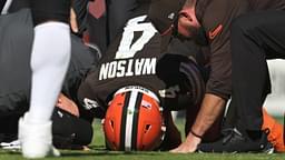 Cleveland Browns quarterback Deshaun Watson (4) lies on the ground after being injured during the first half against the Cincinnati Bengals at Huntington Bank Field.