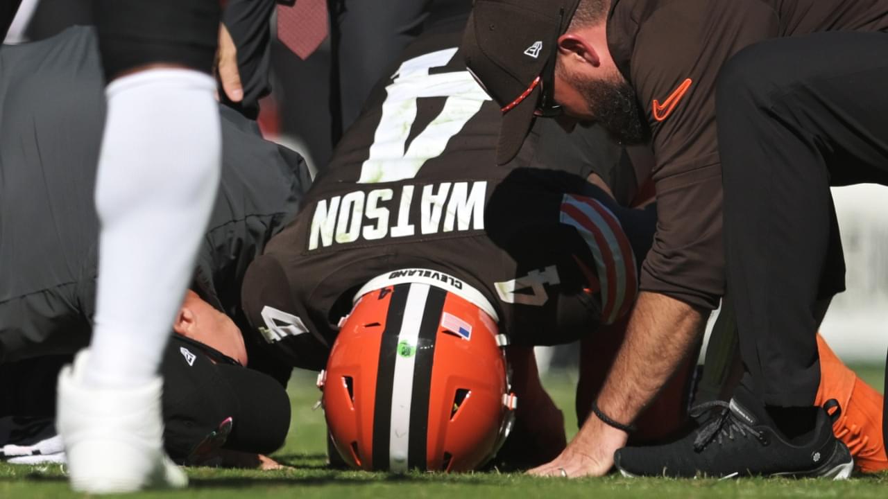 Cleveland Browns quarterback Deshaun Watson (4) lies on the ground after being injured during the first half against the Cincinnati Bengals at Huntington Bank Field.