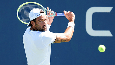 Matteo Berrettini of Italy hits to Arthur Rinderknech of France on day four of the 2023 U.S. Open tennis tournament