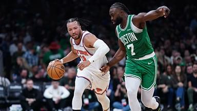 Boston Celtics guard Jaylen Brown (7) defends against New York Knicks guard Jalen Brunson (11) in the second half at TD Garden.