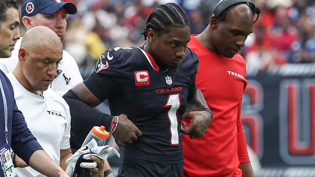 Oct 27, 2024; Houston, Texas, USA; Houston Texans wide receiver Stefon Diggs (1) walks off the field after an apparent injury during the third quarter against the Indianapolis Colts at NRG Stadium.