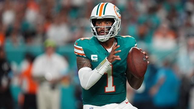 Miami Dolphins quarterback Tua Tagovailoa (1) drops back with the ball against the Buffalo Bills during the first half at Hard Rock Stadium.