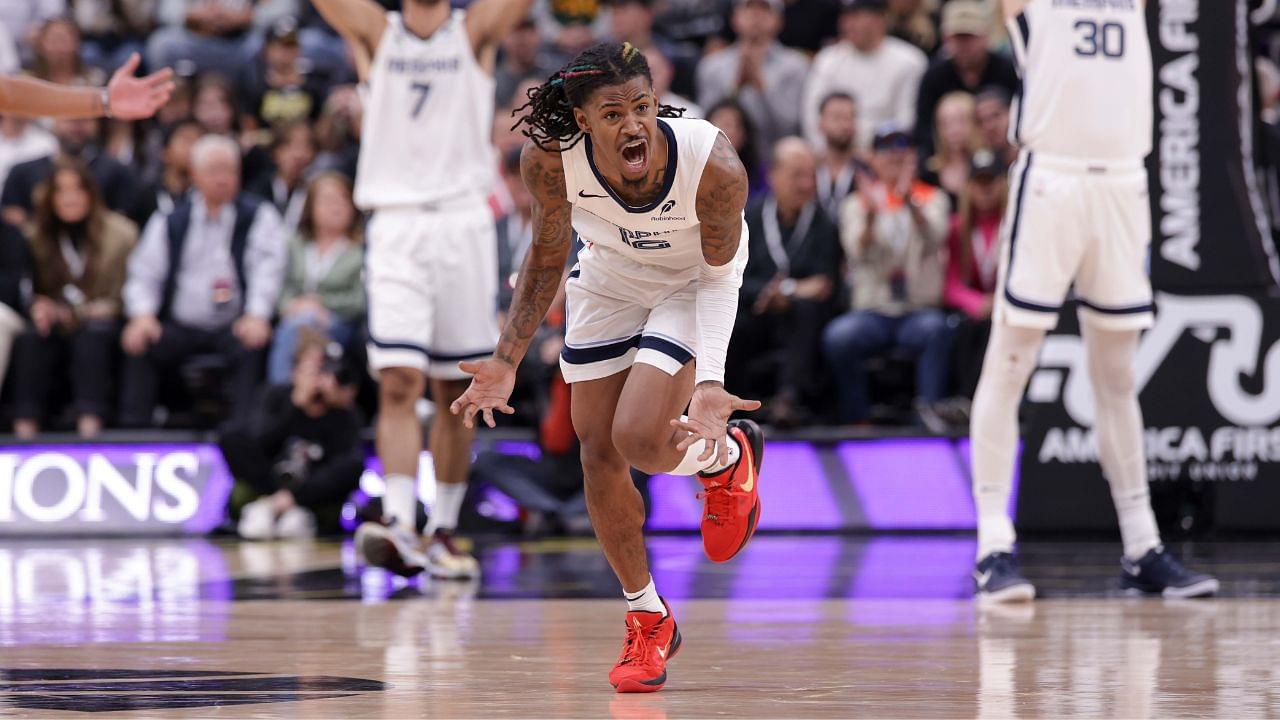 Memphis Grizzlies guard Ja Morant (12) reacts to being called for a foul during the second half against the Utah Jazz at Delta Center.