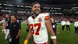 Kansas City Chiefs tight end Travis Kelce (87) reacts after the game against the Las Vegas Raiders at Allegiant Stadium