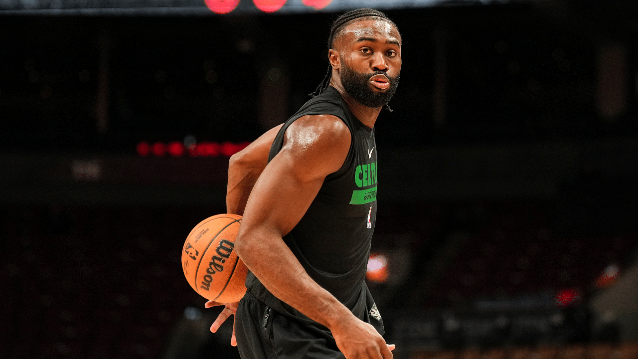 Boston Celtics guard Jaylen Brown (7) warms up before playing the Toronto Raptors at Scotiabank Arena.