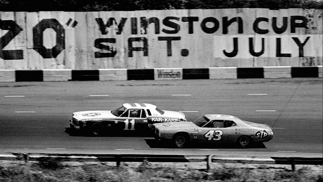 Cale Yarborough (11) battles Richard Petty (43) during the Winston Cup Music City USA 420 in the NASCAR Grand National race at Nashville Speedways May 12, 1974. But Petty went on to win his eighth NASCAR victory in Nashville. Title 1974 Auto Racing In Nashville