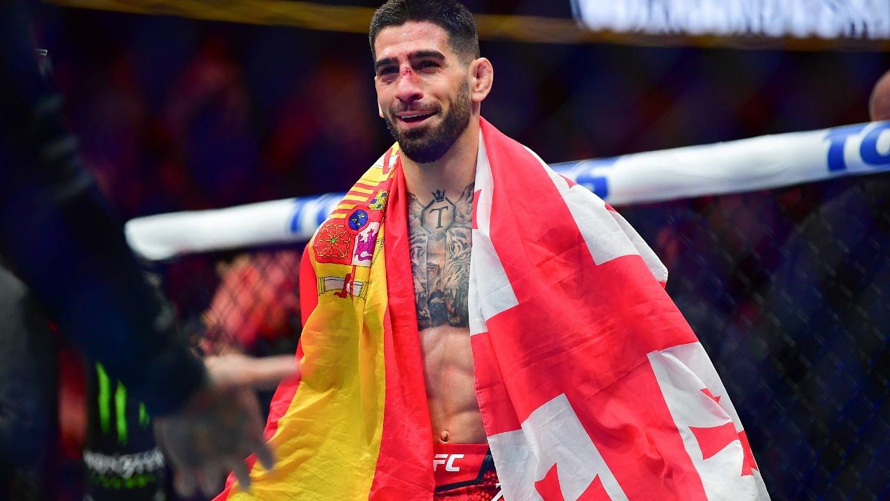 Ilia Topuria celebrates his championship victory against Alexander Volkanovski during UFC 298 at Honda Center