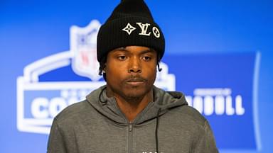 Oregon defensive back Khyree Jackson (DB16) talks to the media during the 2024 NFL Combine at Lucas Oil Stadium.