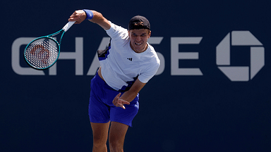 Jakub Mensik (CZE) serves against Felix Auger-Aliassime (CAN)(not pictured) in a men's singles match on day two of the 2024 U.S. Open tennis tournament