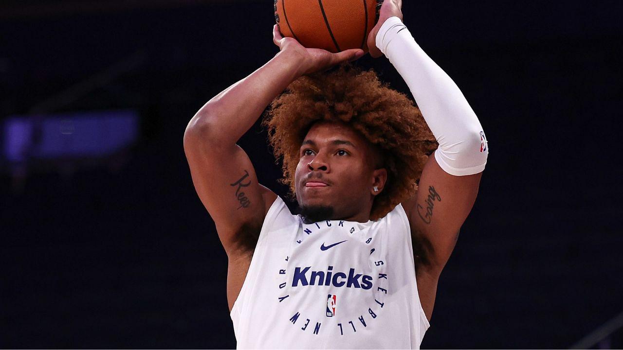 New York Knicks guard Miles McBride (2) warms up before the game against the Minnesota Timberwolves at Madison Square Garden.