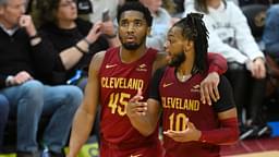 Cleveland Cavaliers guard Donovan Mitchell (45) and guard Darius Garland (10) talk in the fourth quarter against the Indiana Pacers at Rocket Mortgage FieldHouse.