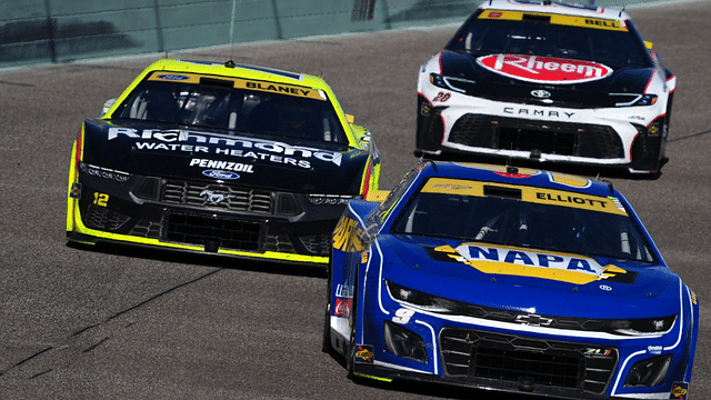 NASCAR Cup Series driver Chase Elliot (9) leads NASCAR Cup Series driver Bubba Wallace (23) and NASCAR Cup Series driver Christopher Bell (20) during the Straight Talk Wireless 400 at Homestead-Miami Speedway.