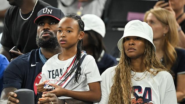 Paris 2024 - LeBron James At Women s Basketball Final Bam Adebayo, LeBron James and his daughter Zhuri James , and Savannah James at the Women s Gold Medal game between France and USA during Olympic Games Paris 2024 at Bercy Arena in Paris, France on August 11, 2024.