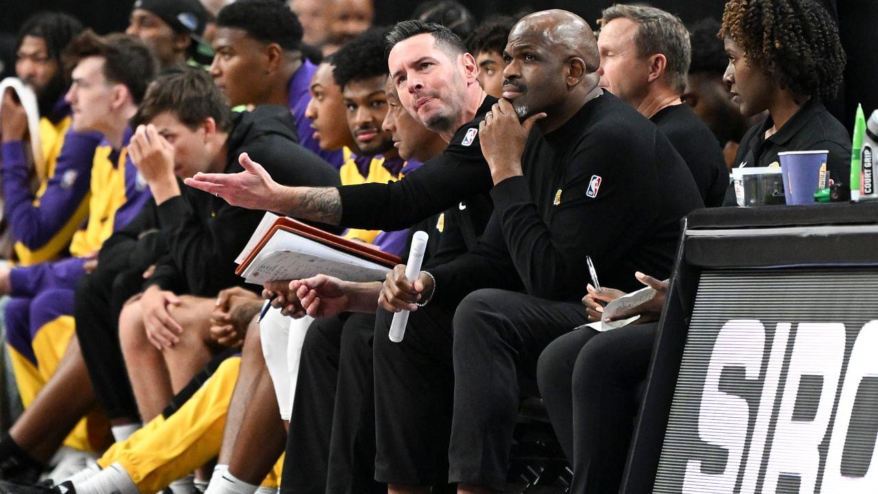 Los Angeles Lakers head coach JJ Redick reacts to a play against the Golden State Warriors in the third quarter during a preseason game at T-Mobile Arena.