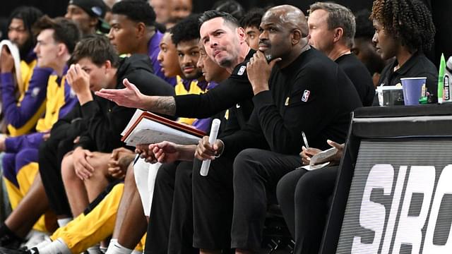 Los Angeles Lakers head coach JJ Redick reacts to a play against the Golden State Warriors in the third quarter during a preseason game at T-Mobile Arena.