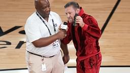 Irish mixed martial artist Conor McGregor (right) during the second half in game four of the 2023 NBA Finals between the Miami Heat and the Denver Nuggets at Kaseya Center.