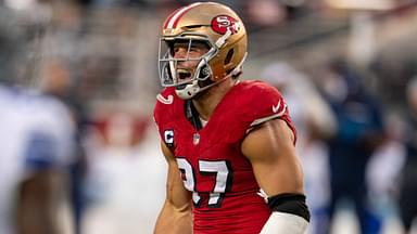 Oct 27, 2024; Santa Clara, California, USA; San Francisco 49ers defensive end Nick Bosa (97) celebrates after the sack of Dallas Cowboys quarterback Dak Prescott (not pictured) during the second quarter at Levi's Stadium.