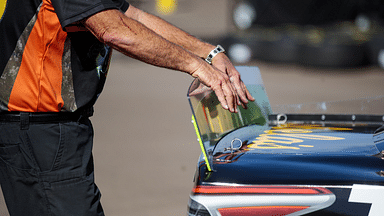 Detailed view of the rear spoiler wing on the car of NASCAR Cup Series driver Martin Truex Jr during practice for the Bluegreen Vacations 500 at ISM Raceway.