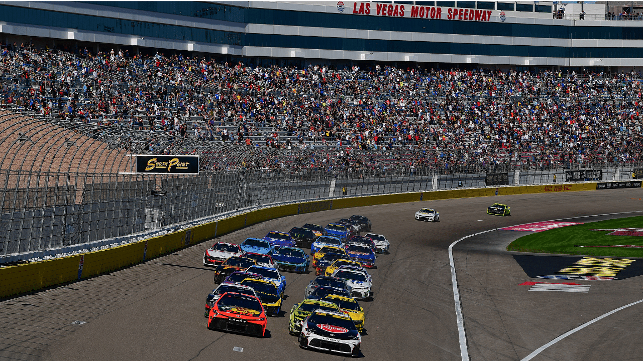 NASCAR Cup Series driver Christopher Bell (20) leads the restart of the South Point 400 at Las Vegas Motor Speedway.