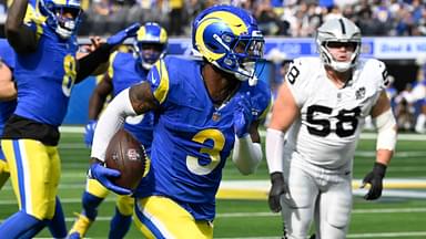 Oct 20, 2024; Inglewood, California, USA; Los Angeles Rams safety Kamren Curl (3) picks up a fumble by Las Vegas Raiders quarterback Gardner Minshew (not pictured) in the second quarter at SoFi Stadium and runs it back for a touchdown.