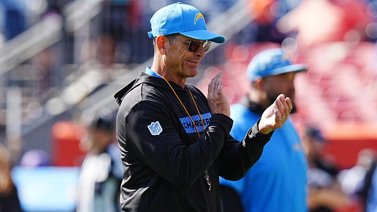 Los Angeles Chargers head coach Jim Harbaugh looks on before the game against the Denver Broncos at Empower Field at Mile High.